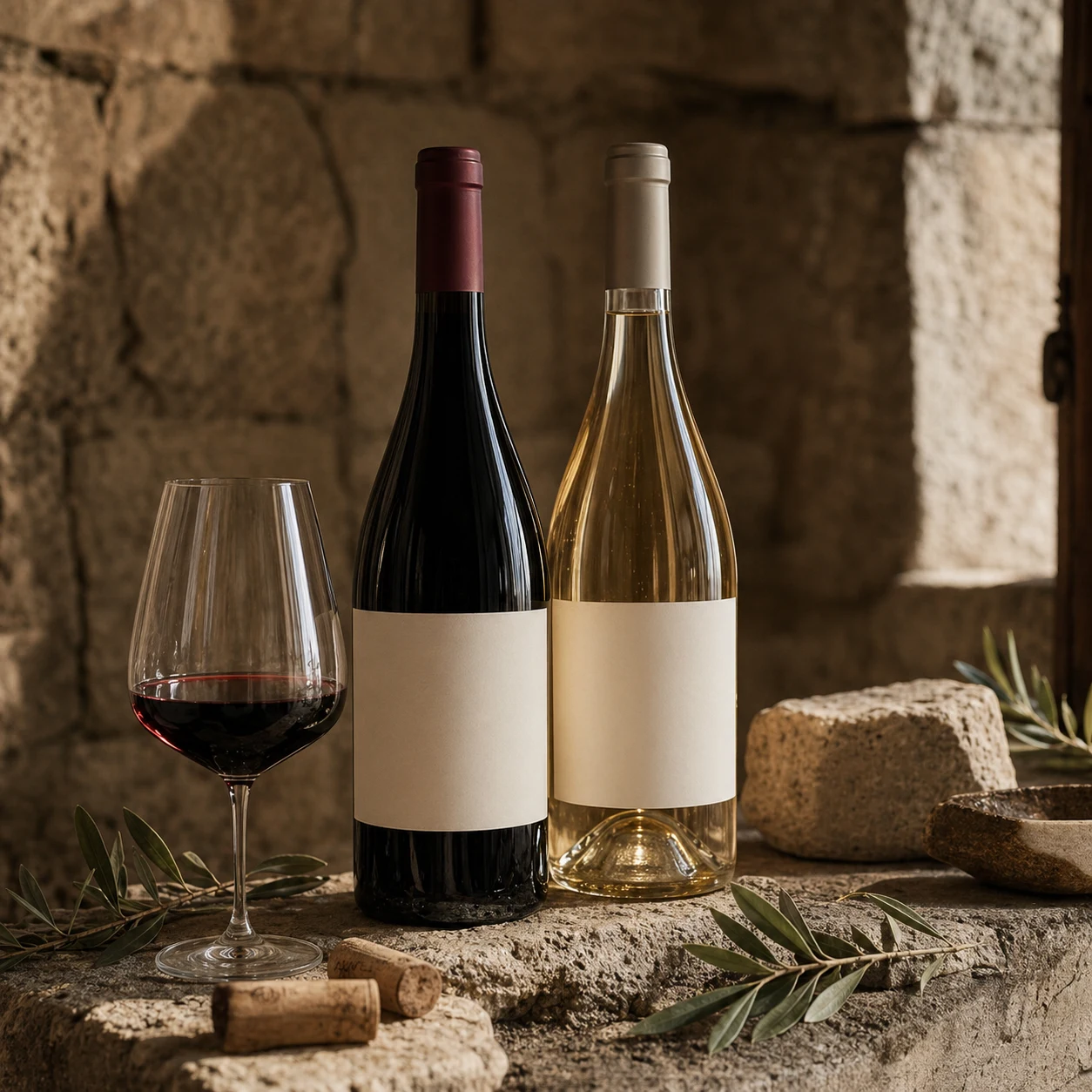 Duas garrafas de vinho premium sobre pedra calcária numa adega