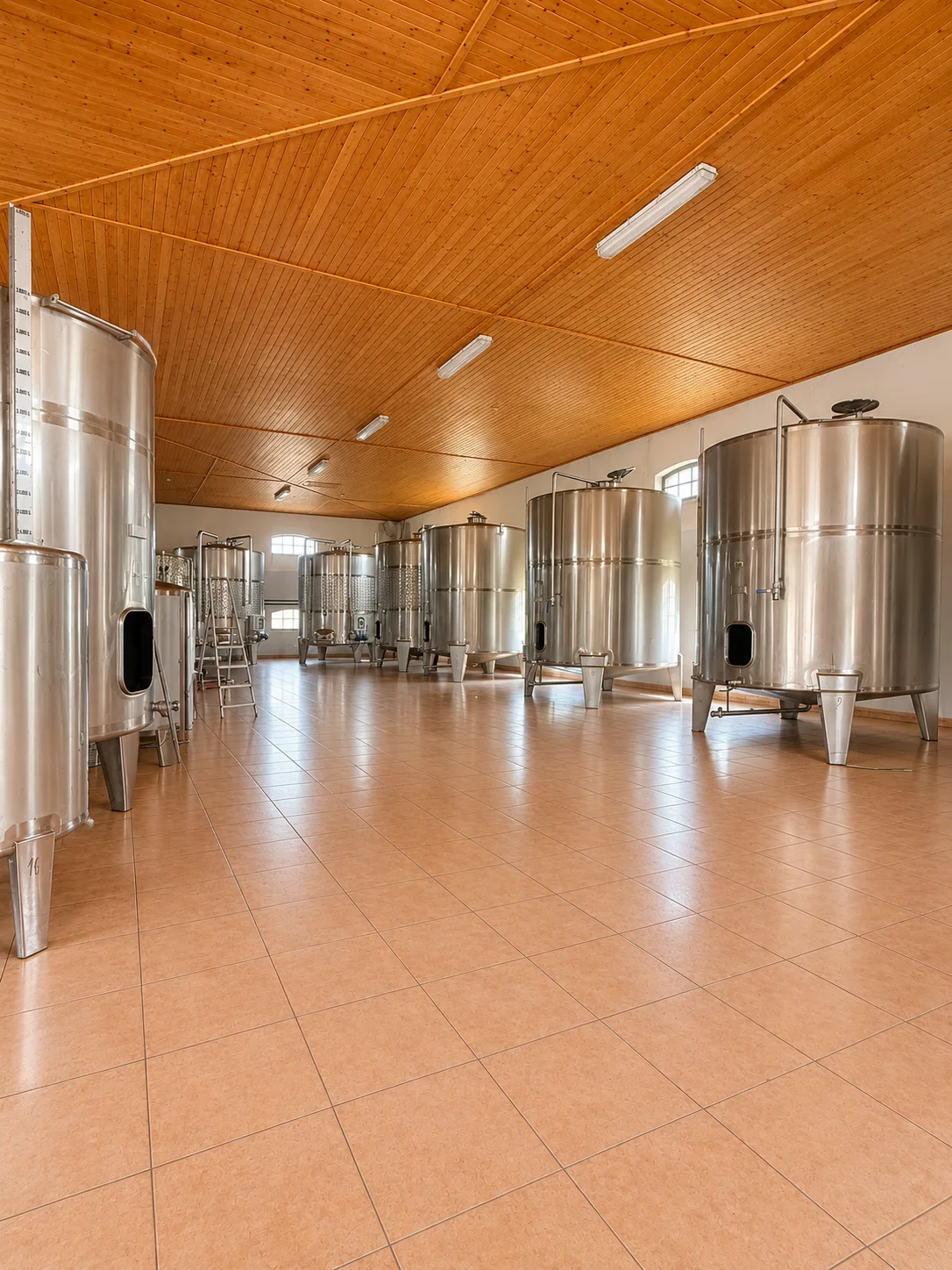 Imagem editorial panorâmica do interior da adega Alvelus